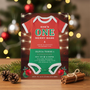Christmas 1st Birthday Party Bodysuit Rustic Wood Invitation