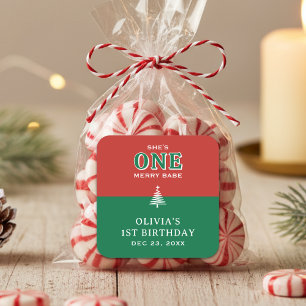 Christmas 1st Birthday Party Festive Red & Green Square Sticker