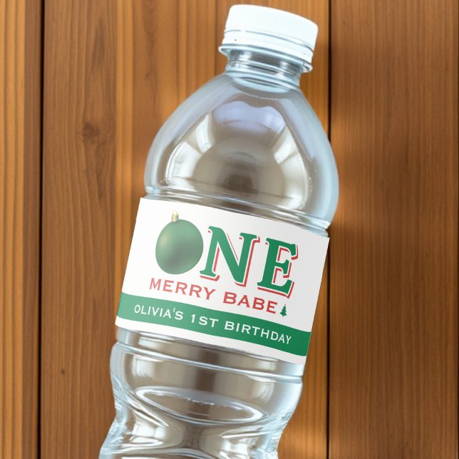 Christmas 1st Birthday Party Festive Red & Green Water Bottle Label (Creator Uploaded)
