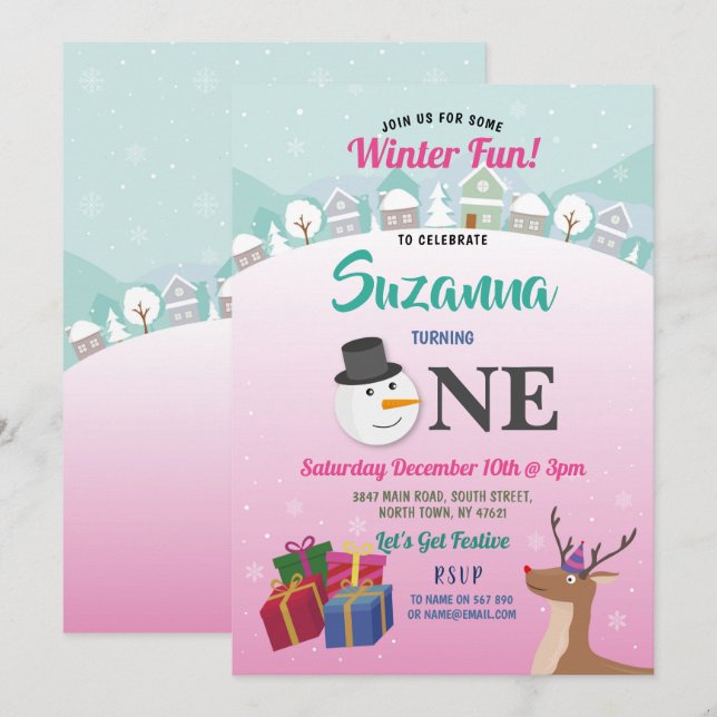 Christmas 1st Birthday Party Santa Snowman Girls Invitation (Front/Back)