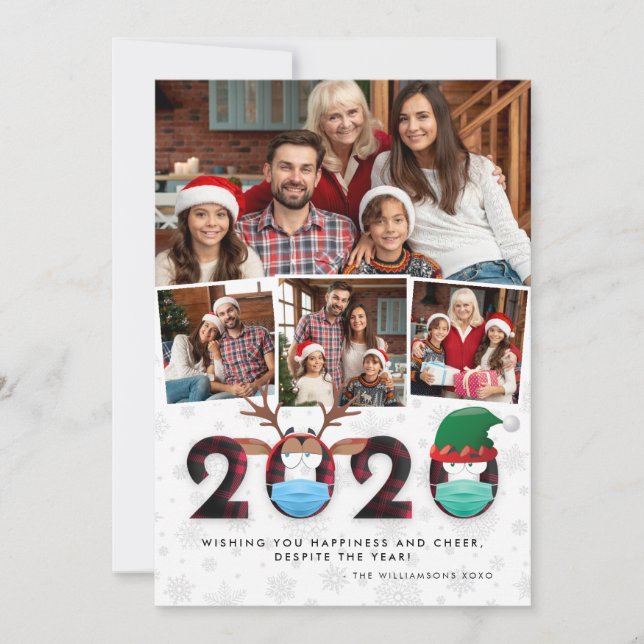 Christmas 2020 Funny Festive Masks & Plaid 4 Photo Holiday Card (Front)