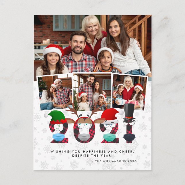 Christmas 2021 | Funny Grumpy Face Masks 4 Photos Postcard (Front)