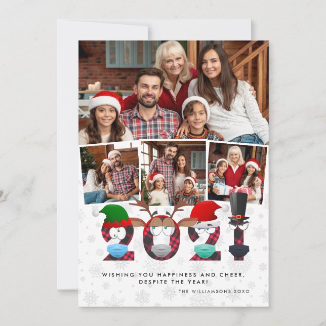 Christmas 2021 | Silly Face Masks & Plaid 4 Photos Invitation (Front)