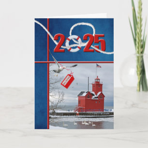 Christmas 2025 Big Red Michigan Lighthouse  Holiday Card