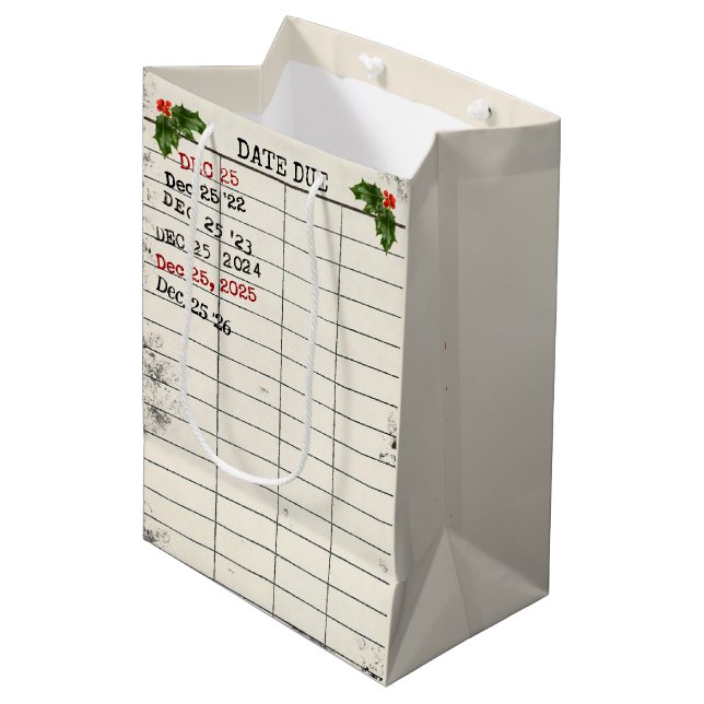 Christmas 2025 Old Library Cards Medium Gift Bag (Front Angled)