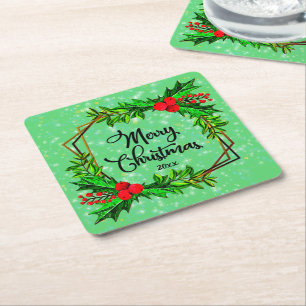 Christmas 20xx Holly Red Berries Modern Green Square Paper Coaster