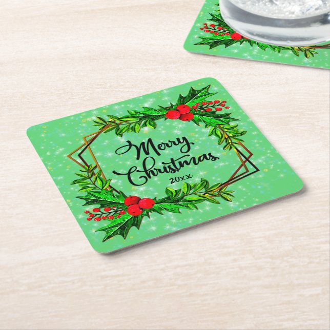 Christmas 20xx Holly Red Berries Modern Green  Square Paper Coaster (Angled)