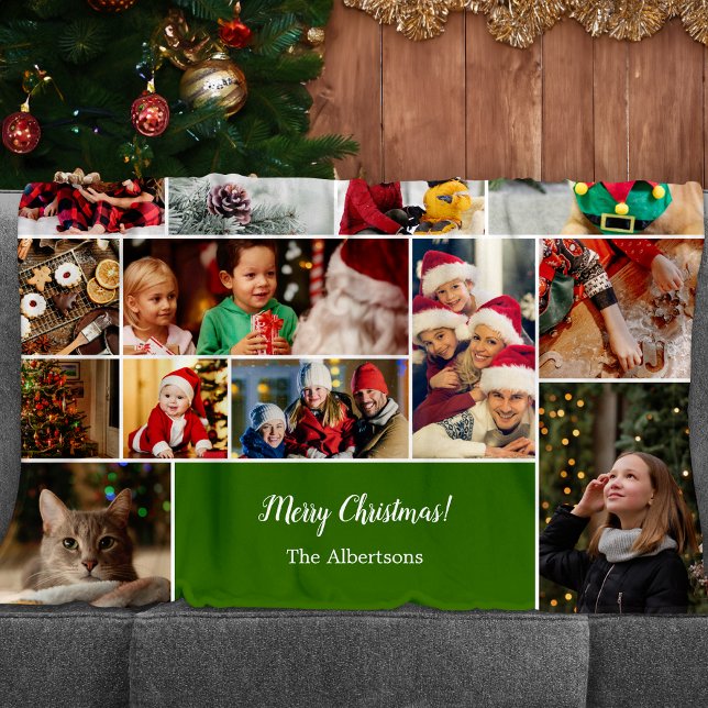 Christmas 22 Photo Collage with Family Name Green Fleece Blanket (Creator Uploaded)