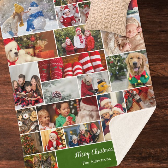 Christmas 22 Photo Collage with Family Name Green Sherpa Blanket (Creator Uploaded)