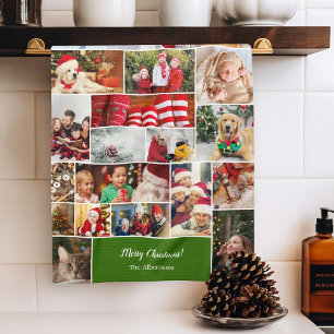Christmas 22 Photo Collage with Family Name Green Tea Towel