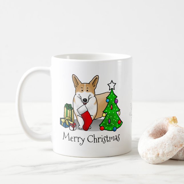 Christmas 2 Pembroke Welsh Corgi (red 1) Tree Cute Coffee Mug (With Donut)