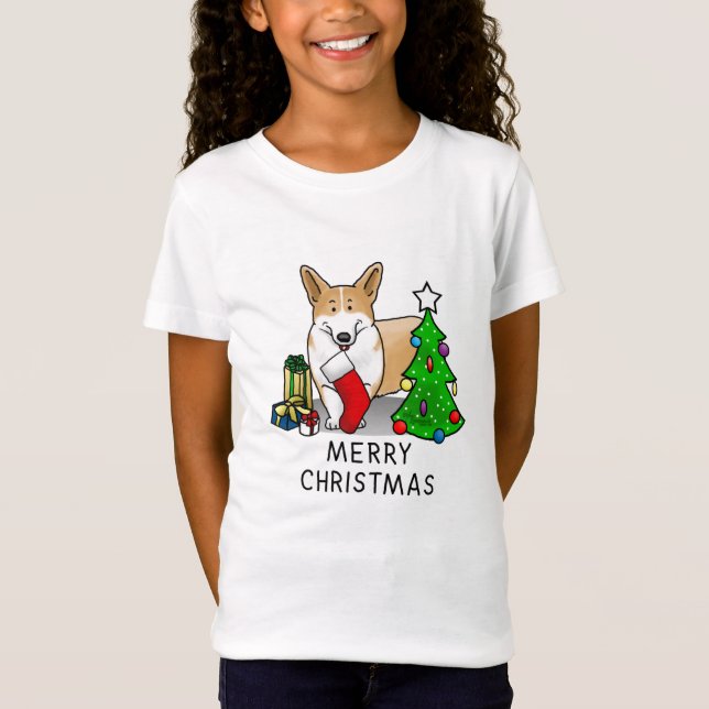 Christmas 2 Pembroke Welsh Corgi (red 1) Tree Cute T-Shirt (Front)