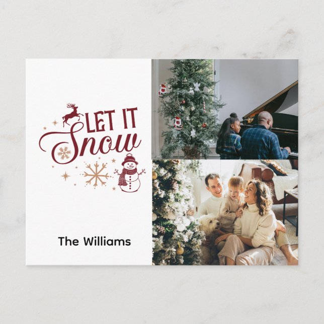 Christmas 2 Photo Let It Snow Reindeer Snowman Holiday Postcard (Front)