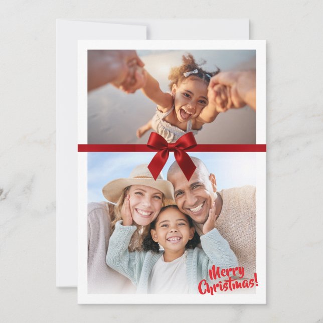 CHRISTMAS 2 PHOTO modern gift cute red ribbon bow Holiday Card (Front)
