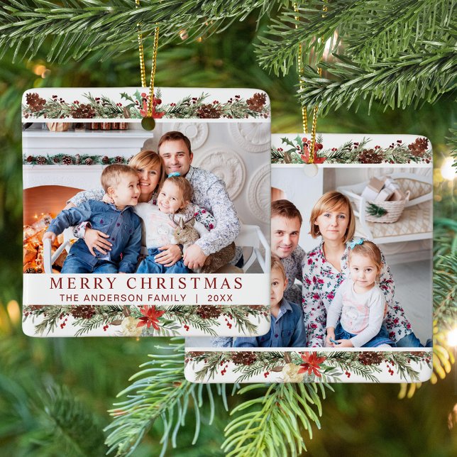 Christmas 2 Photo Rustic Botanical Woodland Ceramic Ornament (Creator Uploaded)