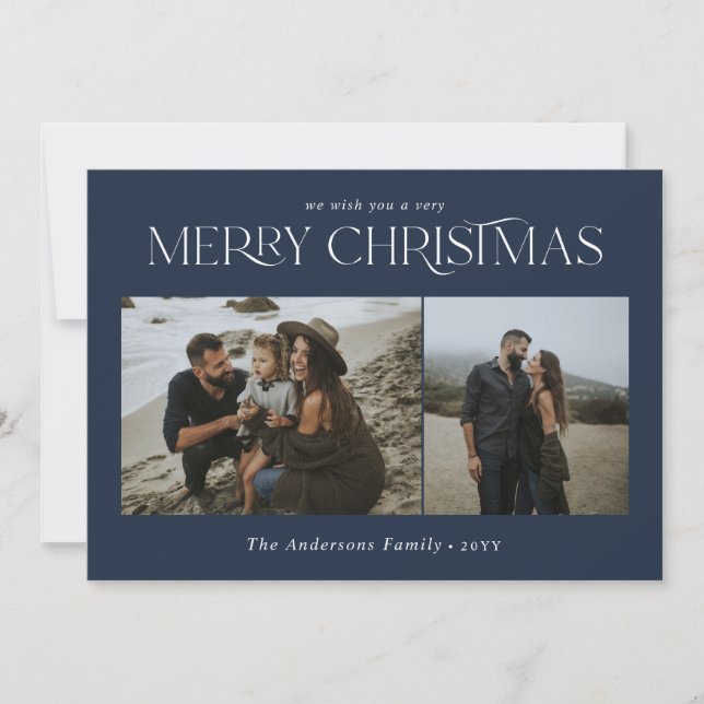 Christmas 2 photo watercolor botanical navy blue holiday card (Front)