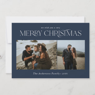 Christmas 2 photo watercolor botanical navy blue holiday card
