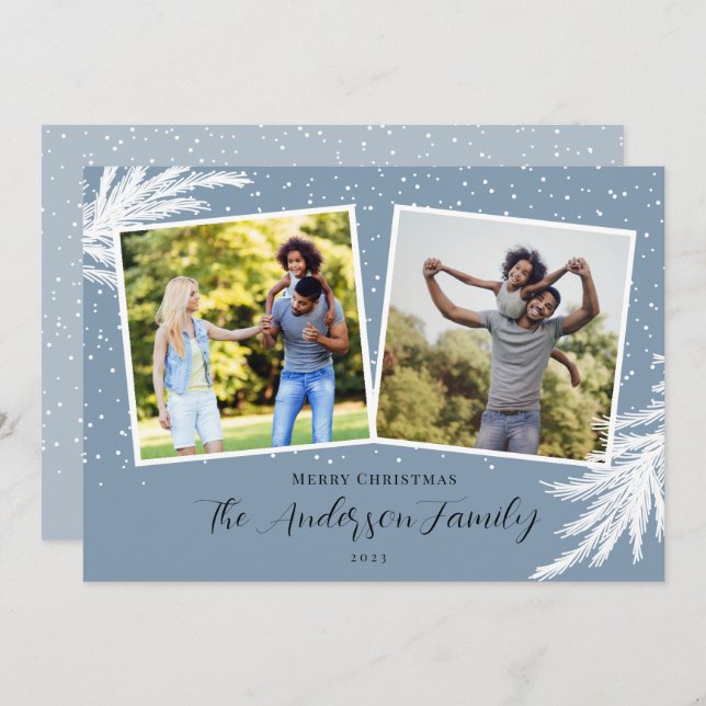 Christmas 2 Photos Script Snow Blue Holiday Card (Front/Back)