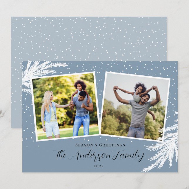 Christmas 2 Photos Script Snow Blue Holiday Card (Front/Back)