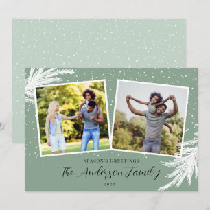 Christmas 2 Photos Script Snow Green Holiday Card