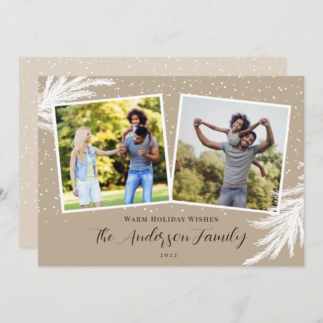 Christmas 2 Photos Script Snow Tan Holiday Card (Front/Back)