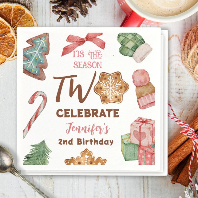 Christmas 2nd Birthday Girl Pink Winter Party Napkin (Creator Uploaded)