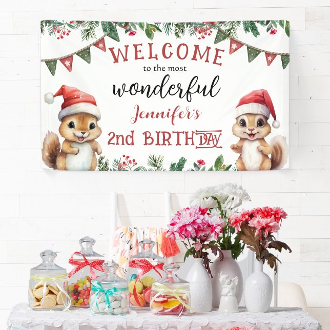 Christmas 2nd Birthday Party Cute Squirrel  Banner (Creator Uploaded)