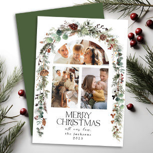 Christmas 3 Photo Collage Arch Wreath Holiday Card