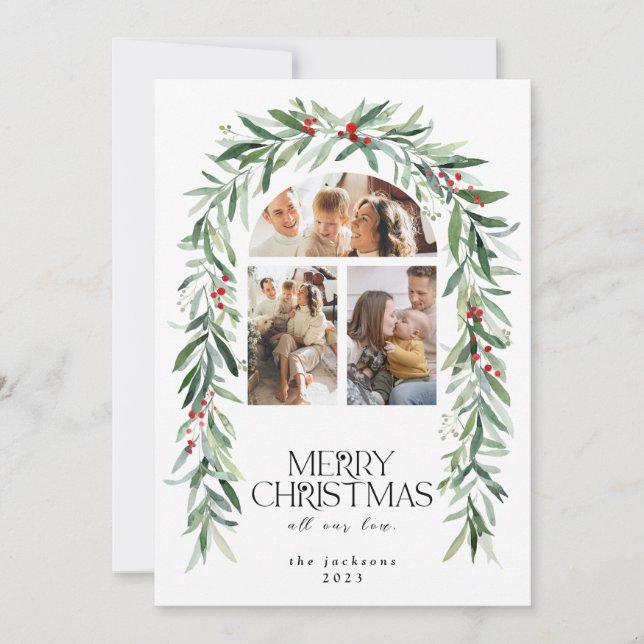 Christmas 3 Photo Collage Mistletoe Holiday Card (Front)