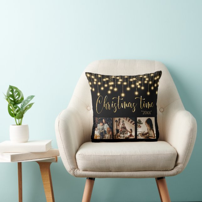 Christmas 3 Photo Collage Rustic String Lights Cushion (Chair)