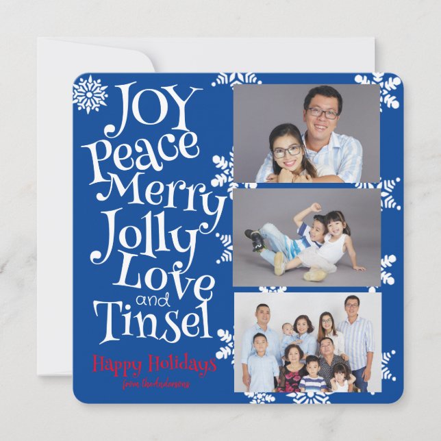 Christmas 3 Photo Fun Simple Blue and White Cute Holiday Card (Front)