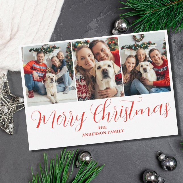 Christmas 3 Photo Red Typography  Holiday Card (Creator Uploaded)