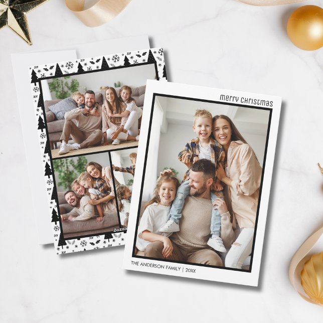 Christmas 4 Family Photo Collage White Black Holiday Card (Christmas 4 Family Photo Collage White Black Holiday Card)