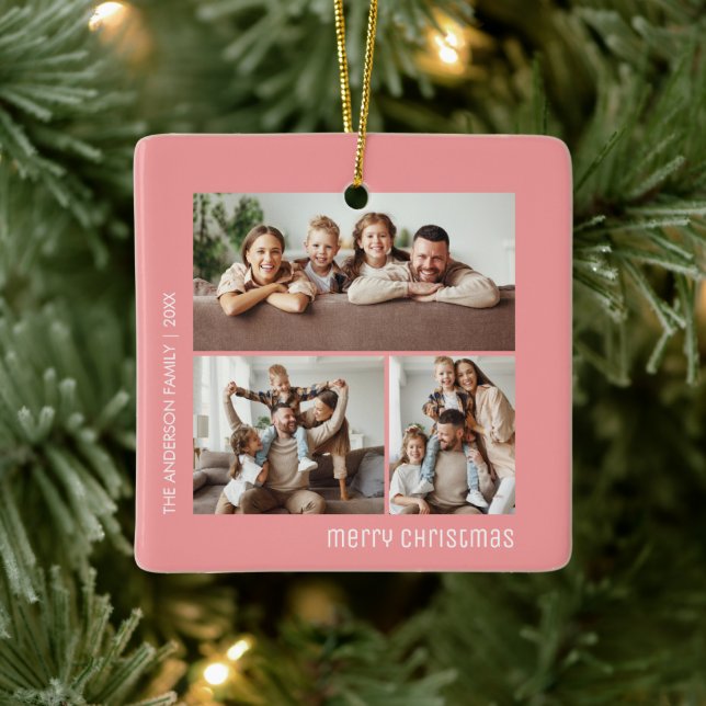 Christmas 4 Family Photos Collage Pink Ceramic Ornament (Tree)
