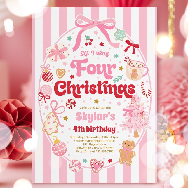 Christmas 4th Birthday Party Coquette Bow Birthday Invitation (Creator Uploaded)