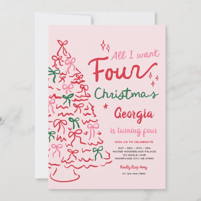 Christmas 4th Coquette Bow Christmas Tree Birthday Invitation (Front)