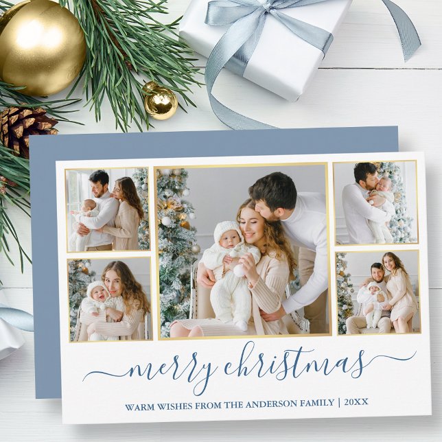 Christmas 5 Photo Calligraphy Dusty Blue Gold Holiday Card (Customize to add text to back of card.)