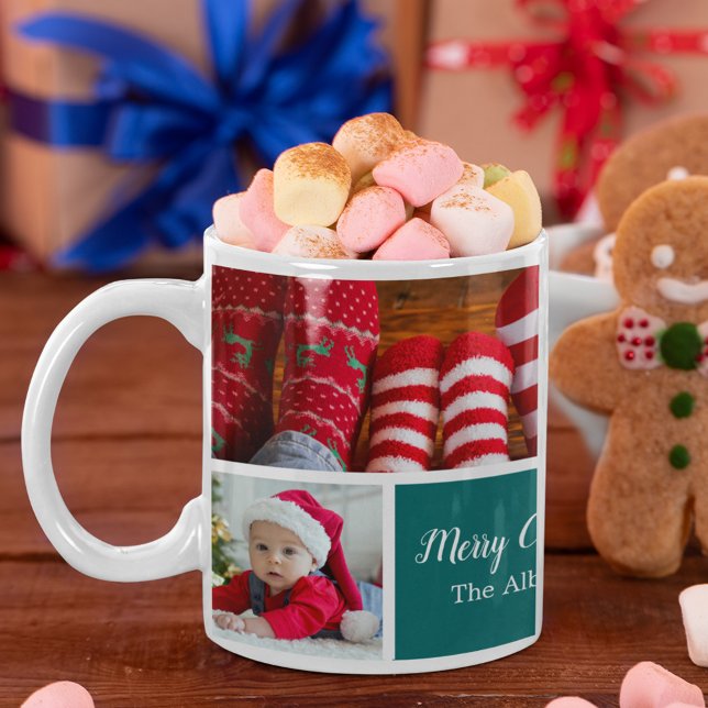 Christmas 5 Photo Collage with Family Name, Blue Coffee Mug (Creator Uploaded)