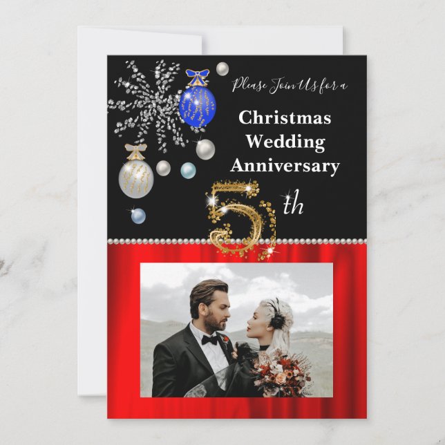 Christmas 5th Wedding Anniversary Black & Gold Invitation (Front)