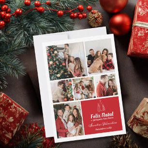 Christmas 6 Photo Collage Portuguese Red Custom  Holiday Card