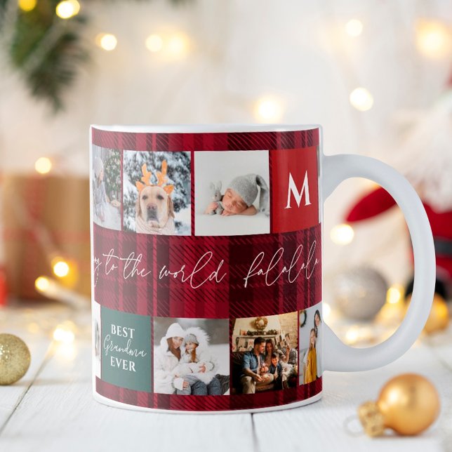 Christmas 8 photos grid best grandma red plaid  coffee mug (Creator Uploaded)
