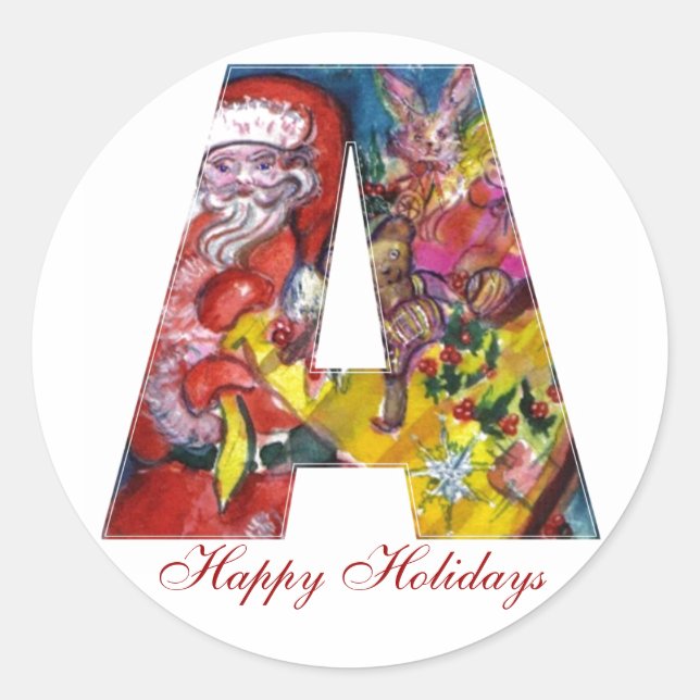 CHRISTMAS A LETTER  / SANTA  WITH GIFTS MONOGRAM CLASSIC ROUND STICKER (Front)