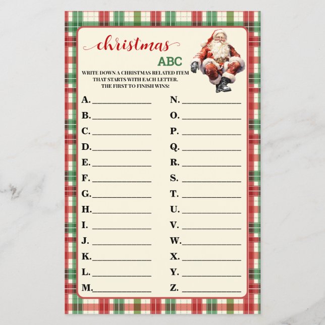 Christmas ABC Red Green Plaid Game Card  (Front)
