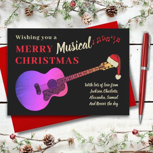 Christmas Acoustic Guitar Black and Pink Holiday Card (Christmas pink acoustic guitar wearing a Santa hat black and gold custom holiday greetings card)