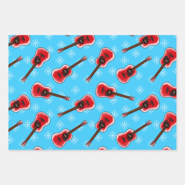 Christmas Acoustic Guitar Guitarist Pattern Wrapping Paper Sheet (Front)
