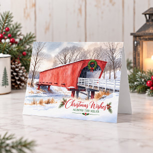 Christmas Across the Miles Red Covered Bridge Holiday Card