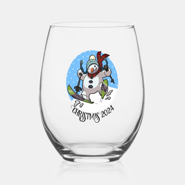 Christmas Add The Date Skiing Snowman Woolly Hat Stemless Wine Glass (Front)