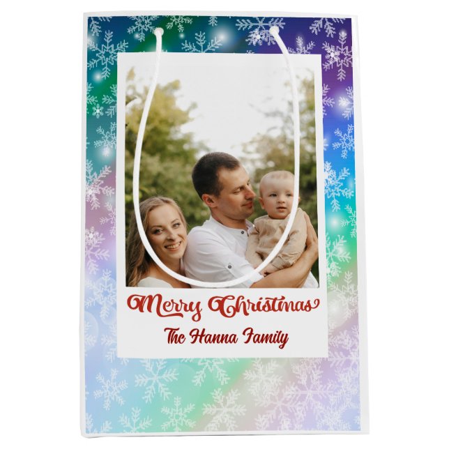 Christmas Add Your Picture and Name, Snowflake Medium Gift Bag (Front)