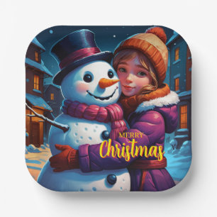 Christmas Adorable Girl And Snowman Paper Plate