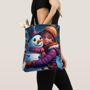 Christmas Adorable Girl And Snowman  Tote Bag